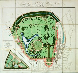 Nuevo plano de Moggs del Regents Park y el jardín de la Sociedad Zoológica, publicado por Edward Mogg, 1828 de English School